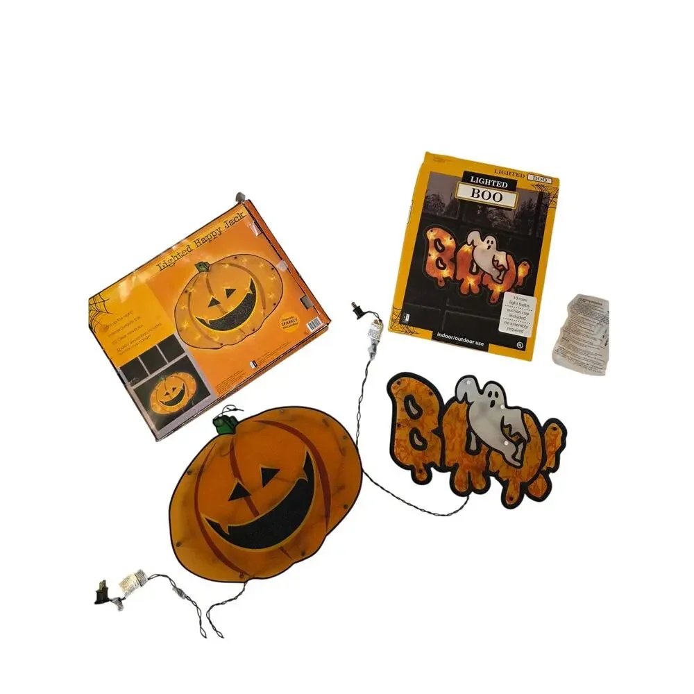 Impact Innovations Lighted Halloween Window Decorations Pumpkin BOO Ghost Set